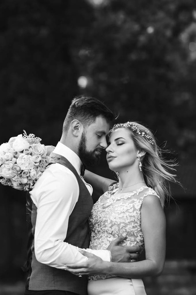 Sensual Black and white foto of bride and groom. Stylish couple of happy newlyweds posing in the park on their wedding day. Handsome bearded groom admires and kisses pretty bride. Together. - Foto, Imagen