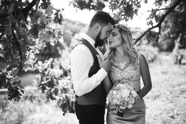 Sensual Black and white foto of bride and groom. Stylish couple of happy newlyweds posing in the park on their wedding day. Handsome bearded groom admires and kisses pretty bride. Together. - Fotografie, Obrázek