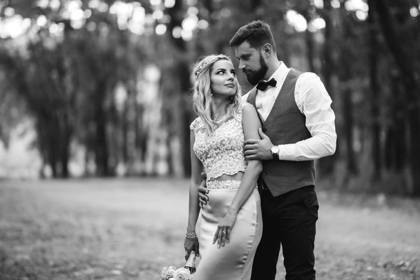 Sensual Black and white foto of bride and groom. Stylish couple of happy newlyweds posing in the park on their wedding day. Handsome bearded groom admires and kisses pretty bride. Together. - Foto, imagen