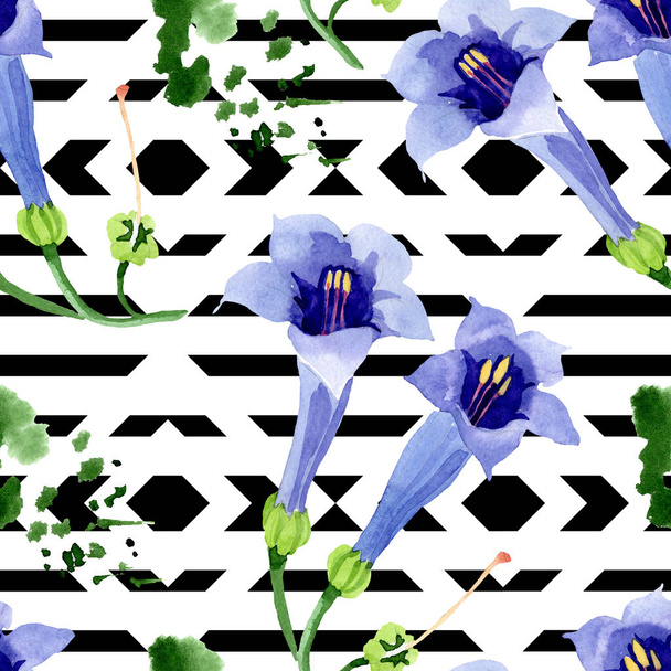 Mavi brugmansia çiçek botanik çiçekleri. Suluboya arka plan illüstrasyon seti. Kesintisiz arka plan deseni. - Fotoğraf, Görsel