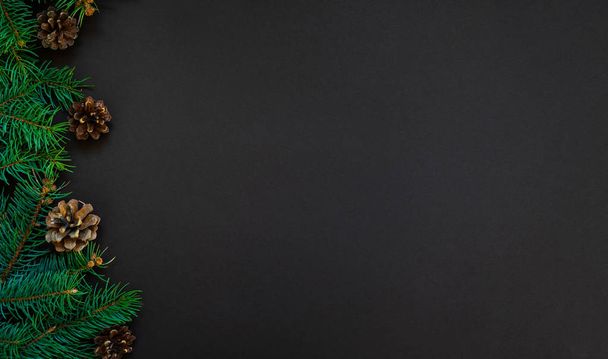 Δέντρο κλαδί και κουκουνάρι σε σκούρο φόντο που χρησιμοποιείται για χριστουγεννιάτικη διακόσμηση. Χριστούγεννα, χειμώνας, φύση Πρωτοχρονιά έννοια. - Φωτογραφία, εικόνα