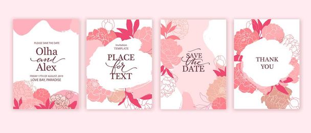 Hand darwn pink blush peonies. Botanical vector illustartion. Peony line art composition for card, invitation. - Vektör, Görsel
