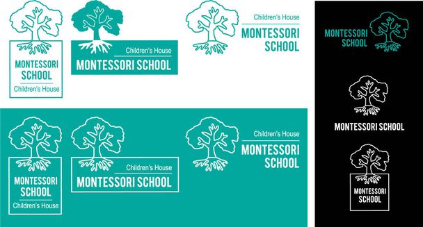 Logo Montessori Szkoła Dom Dziecka. Branding, Tożsamość korporacyjna marek. Wektor drzewa liniowy projekt w zielonych białych kolorach - Wektor, obraz