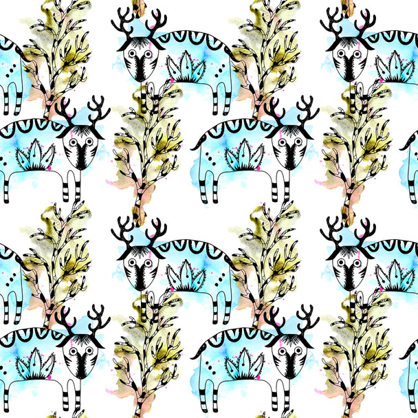 Mysterious forest seamless pattern of cute deer and trees, line art and watercolor blots and splashes - Фото, изображение