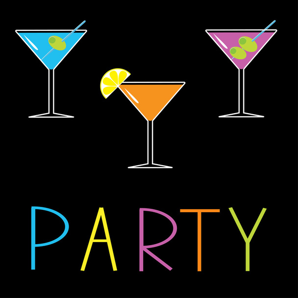 Martini set on black background. Cocktail party card. - Vektor, obrázek