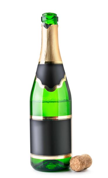 Открытая бутылка шампанского наполовину пуста с пробкой на белом. Isolated
 - Фото, изображение