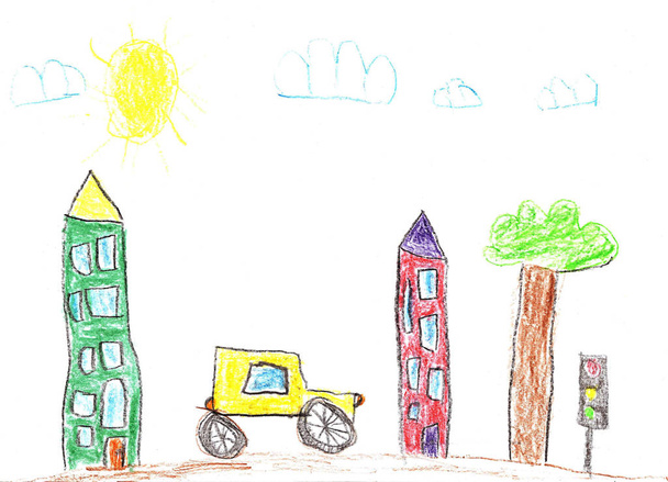 Binaların ve arabaların çizimleri. Şehir yolu çocukça..  - Fotoğraf, Görsel