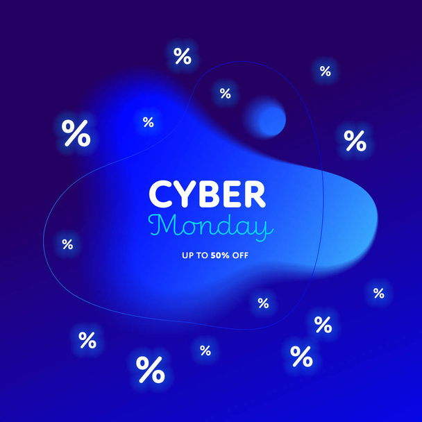 Vector fluid gradient cyber monday sale web square banner template. Text with glowing discount symbol on blue fluid shape with gradient background. Design element for advertisment, poster, card. - Vektor, obrázek
