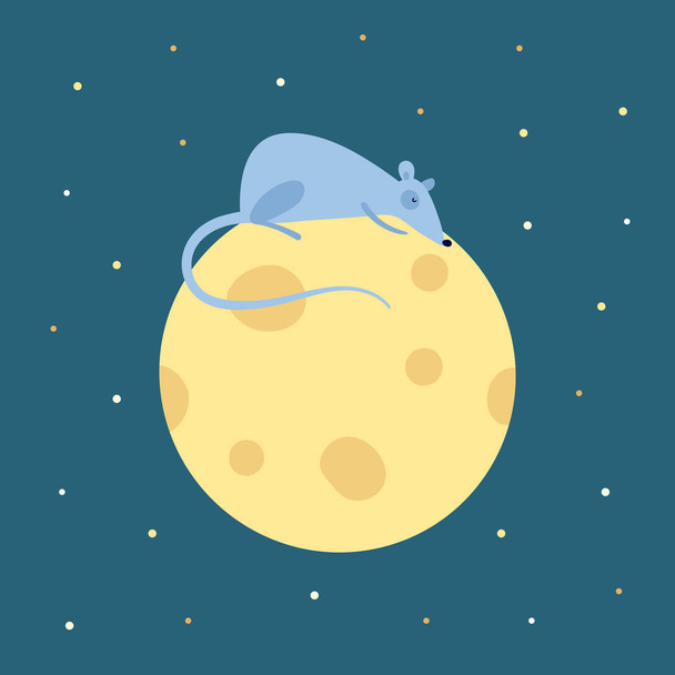 Vector schattige platte muis karakter illustratie. China Nieuwjaarssymbool. Rat slapen op kaas maan bed op nacht achtergrond met sterren. Design element voor banner, poster, kaart, uitnodiging. - Vector, afbeelding