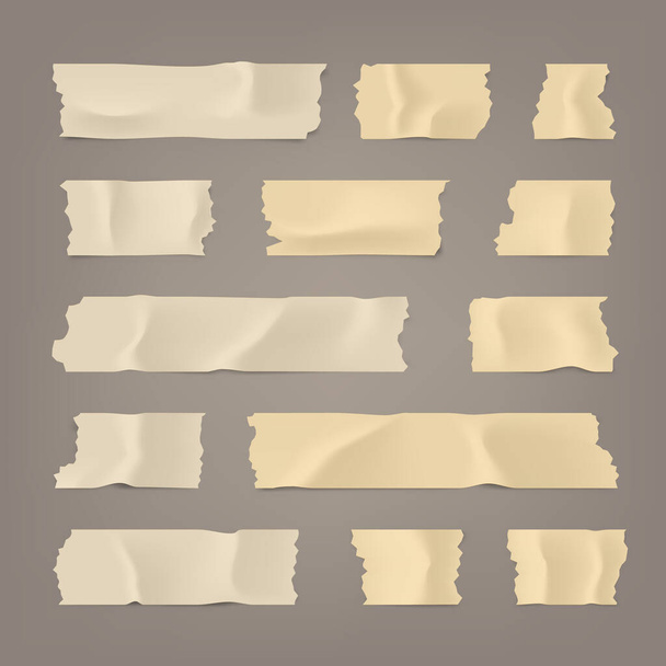 Realistic adhesive tape set. Sticky scotch, duct paper strips on brown background. Vector illustration. - Vector, Image