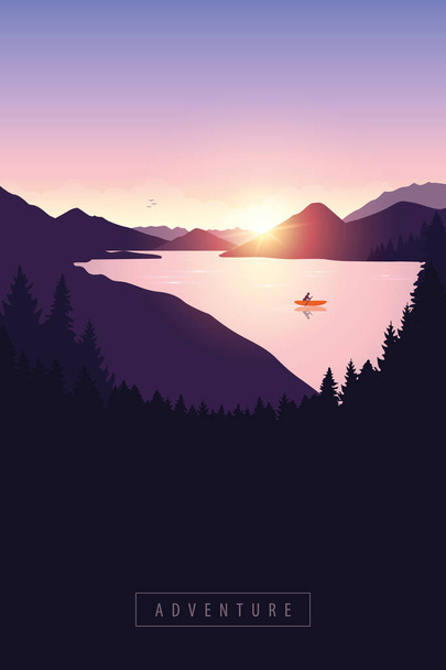 lonely canoeing adventure with orange boat at sunrise on the river - Vector, Image