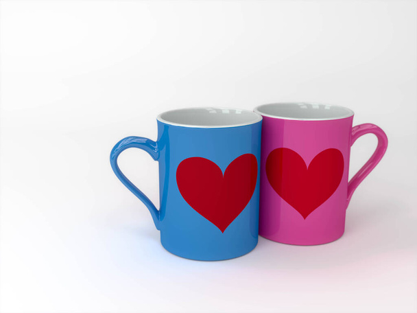 Koppels 'Mokken, Liefde paar koffiebekers, 3dcg, 3d rendering - Foto, afbeelding