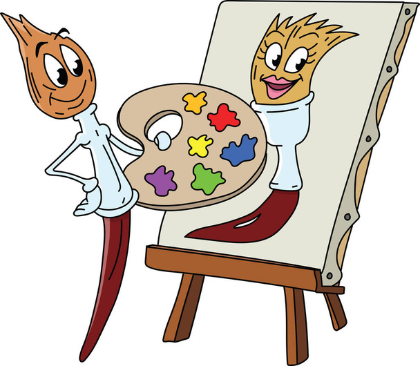 Ένα πινέλο ζωγραφικής κινουμένων σχεδίων κρατώντας μια παλέτα στα χέρια του ζωγραφίζοντας μια εικόνα της εικονογράφησης φορέα φίλη του - Διάνυσμα, εικόνα