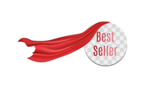 Round Best seller sticker with red silk curtain flowing off - transparent frame - Vetor, Imagem