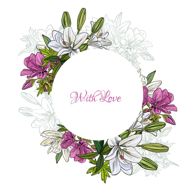 White lilies and begonia, round frame for wedding - Vector, afbeelding