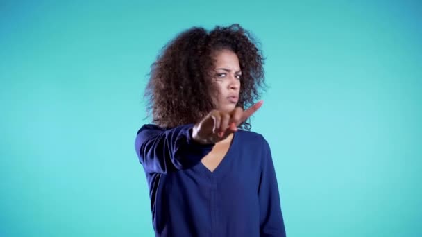 Business woman disapproving with No Hand Sign Make Negation Finger Gesture. Denying, Rejecting, Disagree, Portrait of Beautiful African Gir - Кадры, видео