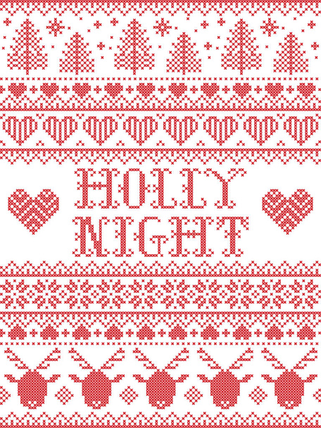 Joy padrão de Natal com escandinavo nórdico pasterna de inverno festivo em ponto de cruz com coração, floco de neve, árvore de Natal, renas, floresta, estrela, em branco, vermelho, cinza, azul
 - Vetor, Imagem