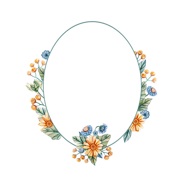 Floral oval frame of watercolor wildflowers. - Photo, Image