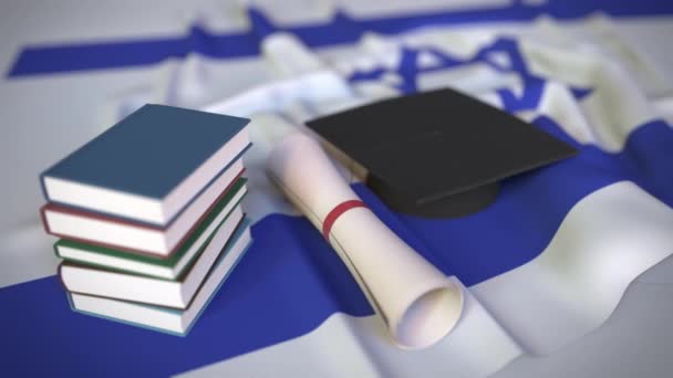 Czapka dyplomowa, książki i dyplom na fladze Izraela. Szkolnictwo wyższe w izraelskiej animacji konceptualnej 3D - Materiał filmowy, wideo
