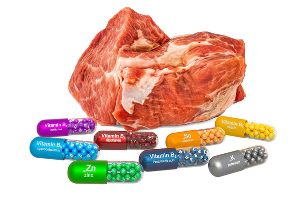 Vitamins and minerals of pork meat, 3D rendering - Fotografie, Obrázek