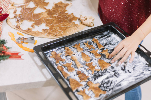 Closeup of Christmas figured gingerbread biscuits in oven tray ready for baking. - Fotoğraf, Görsel