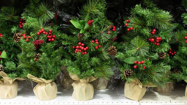 Χριστουγεννιάτικη διακόσμηση, τεχνητό χριστουγεννιάτικο δέντρο σε τσάντα με κώνους και κόκκινα μούρα Holly. Εορταστική σύνθεση, χριστουγεννιάτικο δώρο δέντρο - Φωτογραφία, εικόνα
