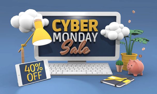 Forty percent off - Cyber monday sale 3D illustration in cartoon style. - Φωτογραφία, εικόνα