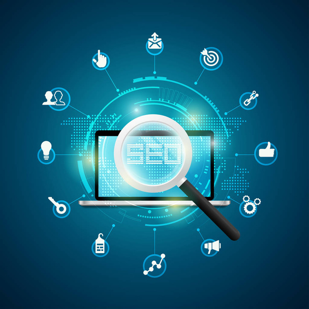 concept of search engine optimisation strategy, realistic magnifying glass with digital marketing icons - Vetor, Imagem