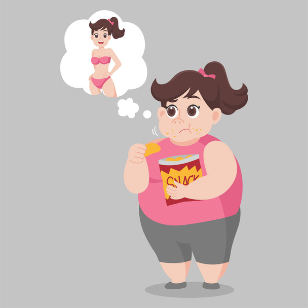 Велика товста жінка їсть закуску і сподівається стати стрункою жінкою, схуднути концепція охорони здоров'я мультиплікаційний персонаж
. - Вектор, зображення
