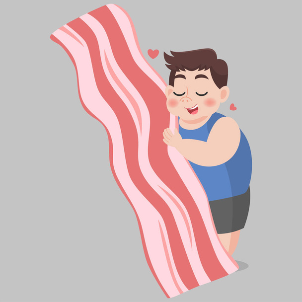 Kövér ember szerelem szalonna, Ketogén fogyás Egészségügyi koncepció karikatúra. - Vektor, kép