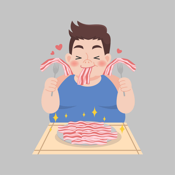 Fat Man liefde spek genieten van eten Ketogeen Dieet voedsel gewichtsverlies Gezondheidszorg concept cartoon. - Vector, afbeelding