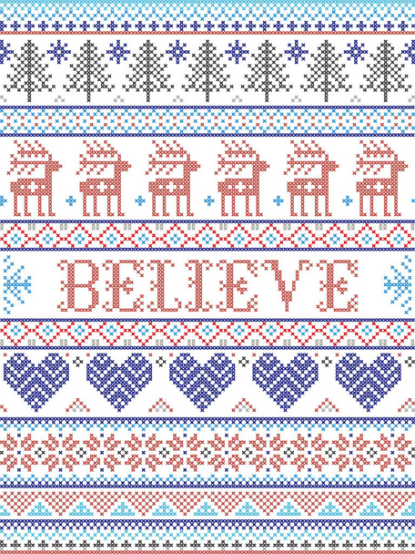 Radostný vánoční vzor se skandinávským severským svátečním zimním zádí v křížovém stehu se srdcem, sněhovou vločkou, vánočním stromečkem, soby, lesem, hvězdou, v bílé, červené, šedé, modré - Vektor, obrázek
