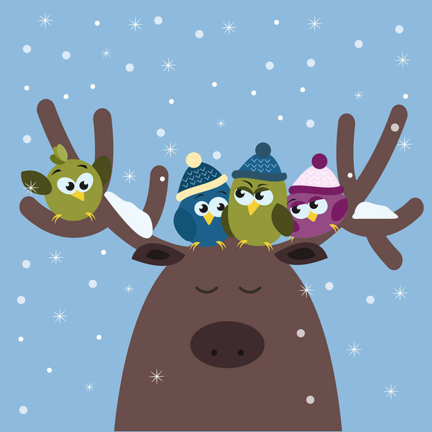 Winter illustration of a Deer and a fun multi-colored birds in knitted hats, sit in the horns. Vector graphics. - Vetor, Imagem