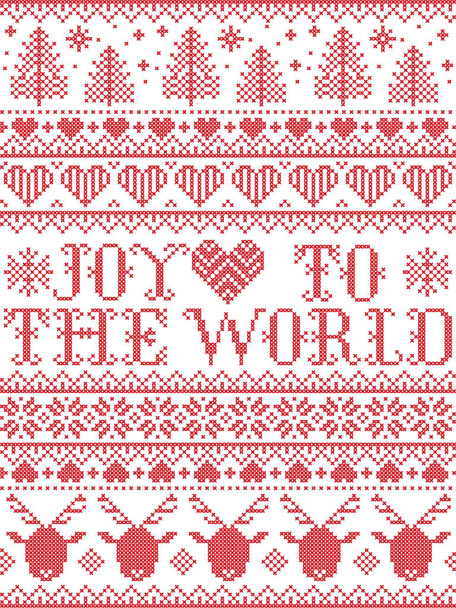 Radość Boże Narodzenie wzór skandynawski nordycki świąteczny pasterz zimowy w krzyżu ściegu z sercem, płatki śniegu, choinka, renifery, las, gwiazda, w bieli, czerwony, szary, niebieski - Wektor, obraz