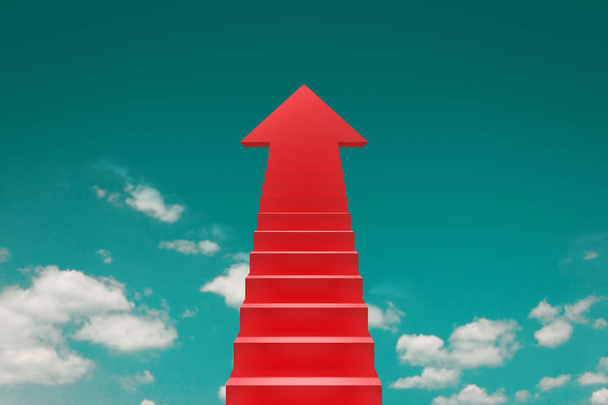 Red stair in up arrow concept and skill improvement on sky background with positive thinking. Realistic 3D rendering. - Photo, Image