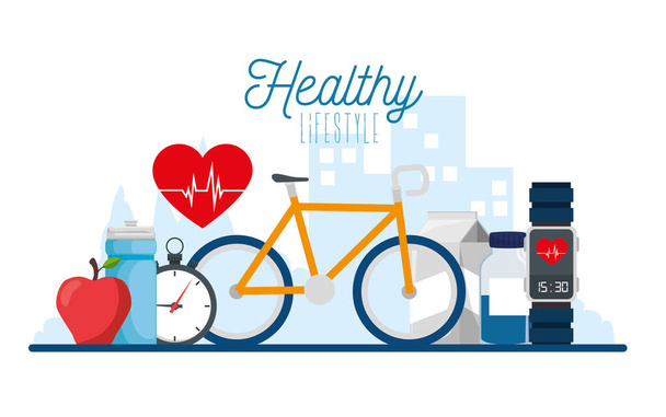 poster healthy lifestyle with bike and icons - ベクター画像