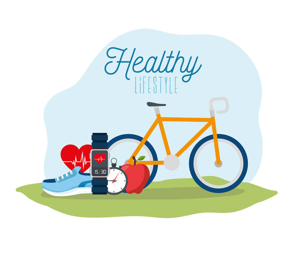 estilo de vida saludable cartel con bicicleta e iconos
 - Vector, imagen