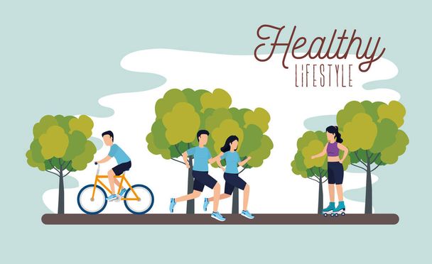 Parkta sporcuların olduğu sağlıklı yaşam tarzı posteri - Vektör, Görsel