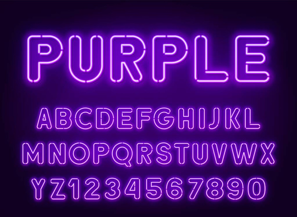 Neón redondeado fuente púrpura, brillante alfabeto con números
. - Vector, imagen