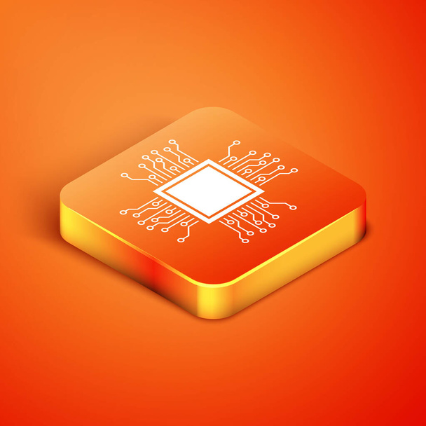 Ikona procesora izometrycznego odizolowana na pomarańczowym tle. Procesor, jednostka centralna, mikroprocesor, mikroobwód, procesor komputerowy, chip. Ilustracja wektora - Wektor, obraz