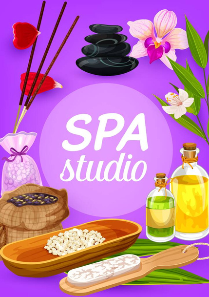 Massage oil, stones, bath salt, flowers. Spa salon - Vector, Image