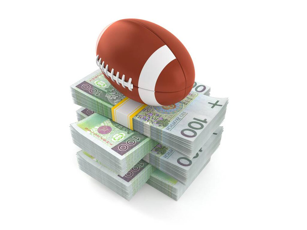 Rugby ball on stack of money - Foto, imagen