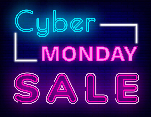 Cyber Monday Sale Neon Sign on Brick Background - Vector, Imagen