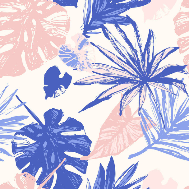 Line art. Hand drawn grunge textured tropical leaves seamless pattern. - Photo, Image