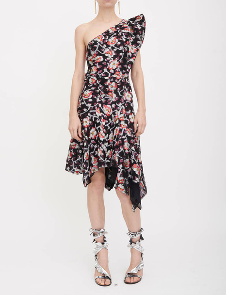 Pleated Tiered Gown in Black, Off-the-shoulder Brocade Ball Gown, Crepe Top Printed Ball Gown, Shirred floral-print silk-chiffon gown - Valokuva, kuva
