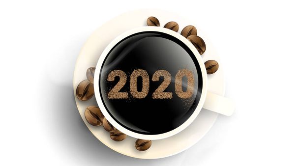 2020 koffiebonen tekstnummer ontwerp. Kopje hete koffie met poeder. Simpel concept. - Vector - Vector, afbeelding