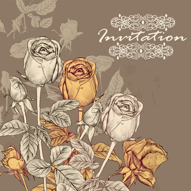 Vector invitation card with roses in vintage style for design - Vektör, Görsel