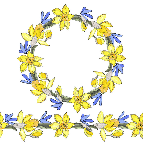 Round floral frame of daffodil and primrose. With space for your text. Seamless brush. - Wektor, obraz