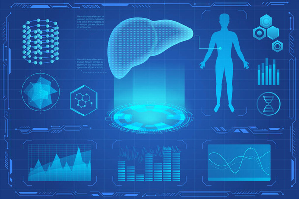 Ilustração médica futurista do vetor do holograma do fígado humano. Fígado 3d modelo de triagem interface realidade vircial. Diagramas, gráficos de pizza infográficos. vr e ar medicina e ícones de saúde
 - Vetor, Imagem