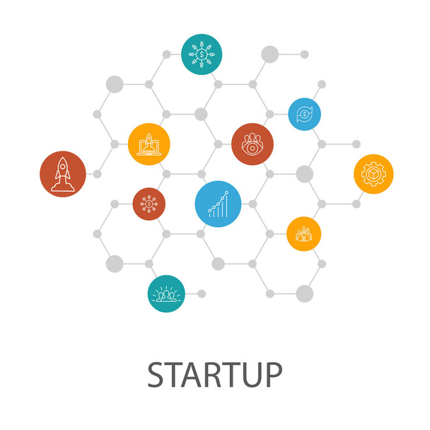 Opstart presentatie sjabloon, cover layout en infographics. Crowdfunding, Business Launch, motivatie, product ontwikkeling iconen - Vector, afbeelding